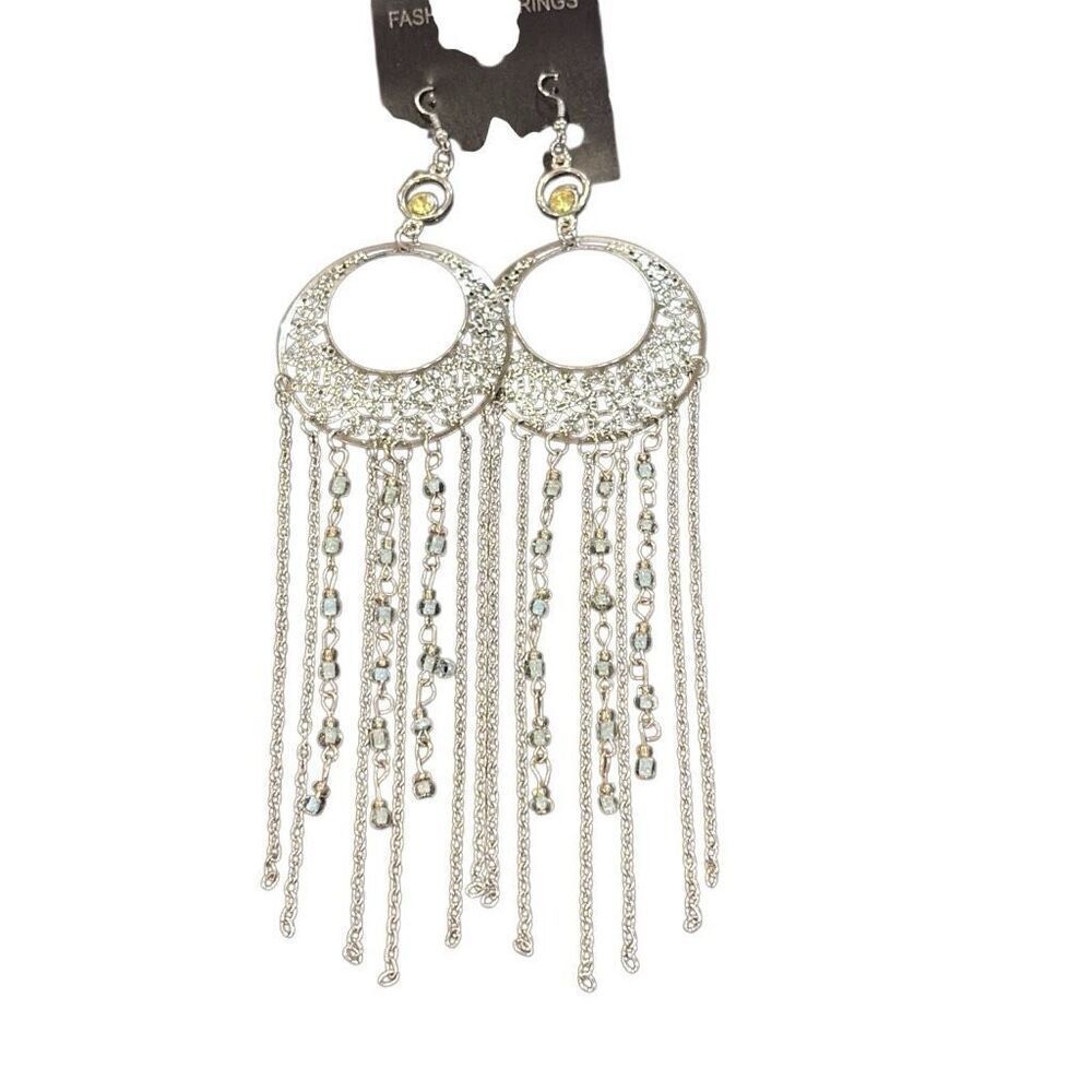 Silver Tone Half Moon Filigree Blue Beaded Long‎ Earrings Chain Fringe Boho NWT